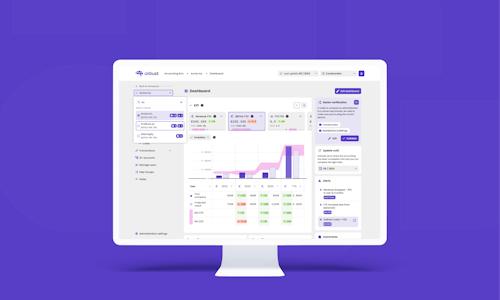 Desktop mock-up on a purple background of a screen on the aiGust platform showing a dashboard and data.