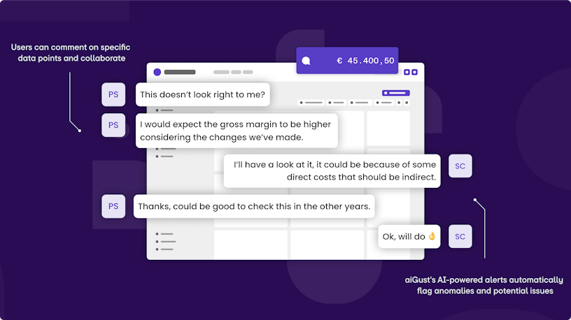 Mock-up of the collaborative aspect of aiGust: users can comment on specific data points and collaborate. Apart of that aiGust's AI-powered alert automatically flag anomalies and potential issues.