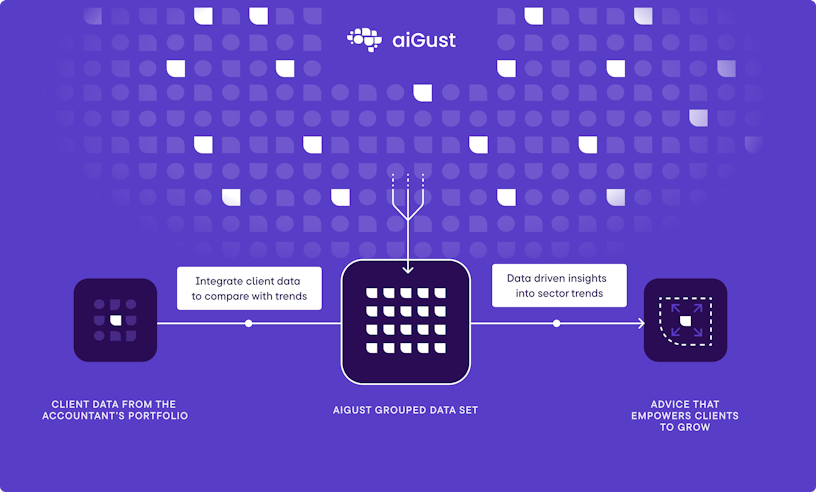 Visualization of the concept behind aigust. From integrating client data to compare with peers to matching this with aigust grouped dataset which generates data driven insights into sector trends which helps accountants providing better advice that empowers their clients.