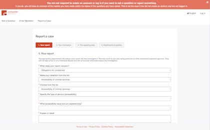 Screenshot of a complaint form on Consumer Connect’s website for reporting European Accessibility Act violations in the banking and e-commerce sectors.