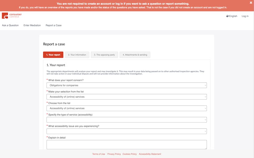 Screenshot of a complaint form on Consumer Connect’s website for reporting European Accessibility Act violations in the banking and e-commerce sectors.