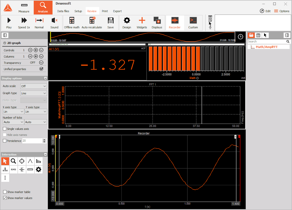DewesoftX visual display with set of display widgets
