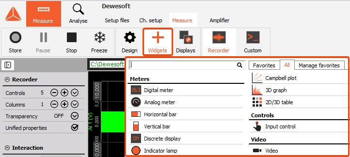 Adding new widget to DewesoftX display Adding new widget to DewesoftX display