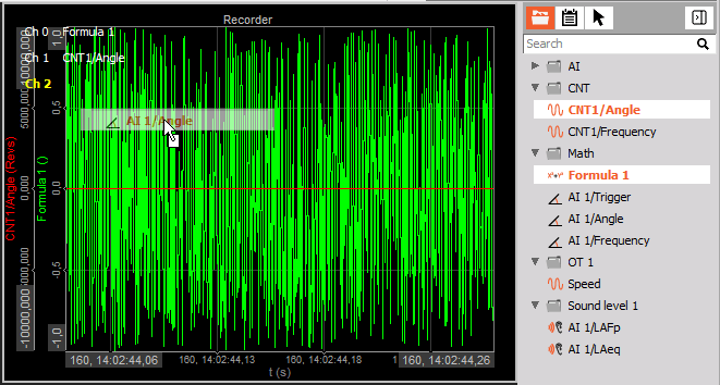 Drag and drop channel to the DewesoftX display widget Drag and drop channel to the DewesoftX display widget