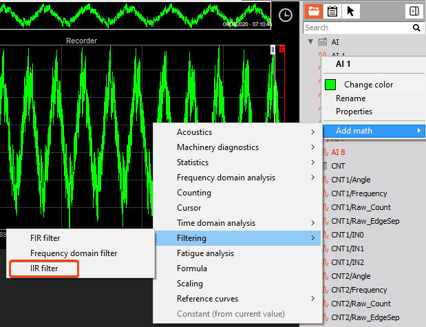 Adding filter math directly from DewesoftX channel selector Adding filter math directly from DewesoftX channel selector