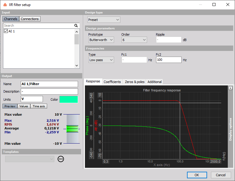 IIR filter channel setup in DewesoftX IIR filter channel setup in DewesoftX