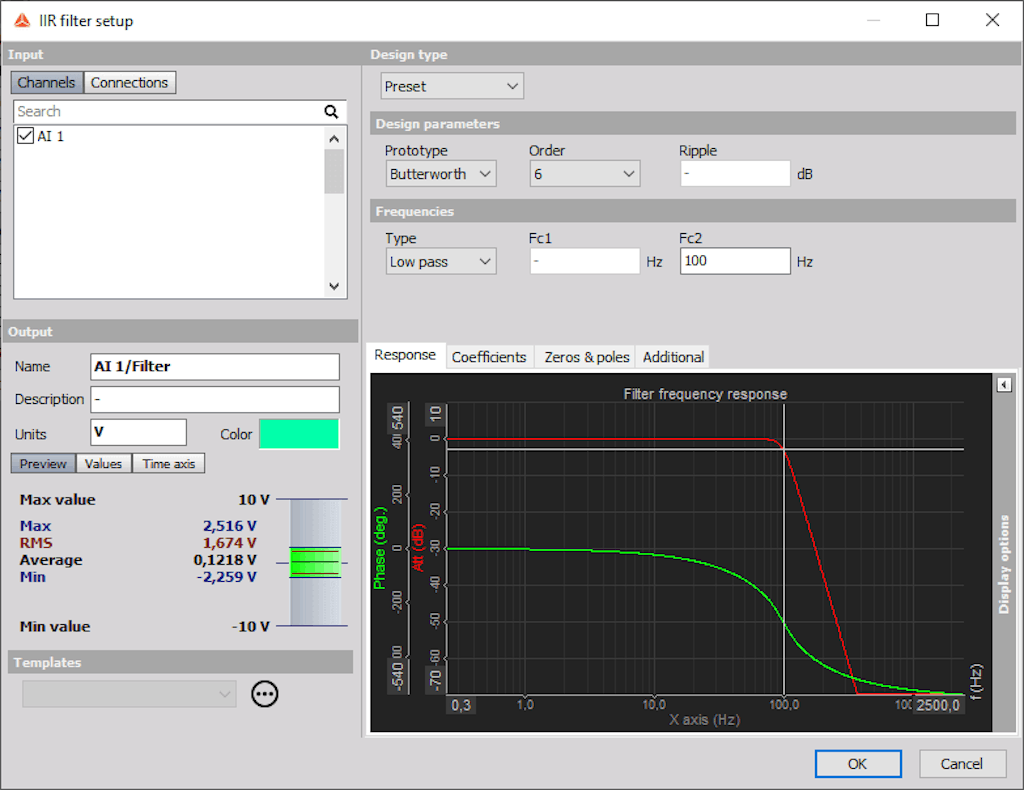 IIR filter channel setup in DewesoftX