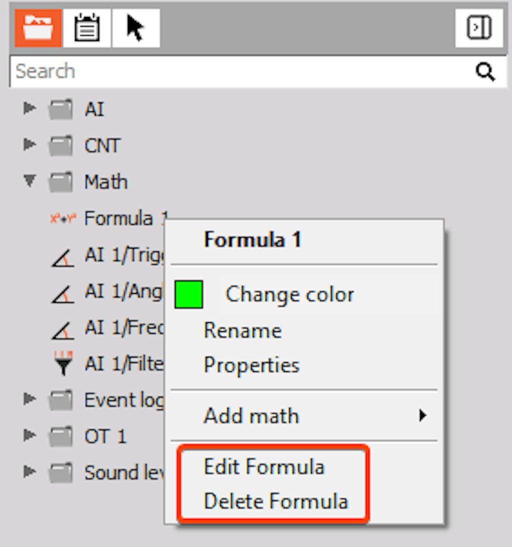 DewesoftX channel selector: Edit or Delete match channel actions