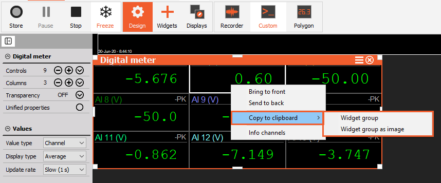 Copying display widget group to clipboard in DewesoftX Copying display widget group to clipboard in DewesoftX