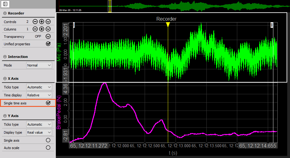 Single time axis on DewesoftX recorder visual display widget Single time axis on DewesoftX recorder visual display widget