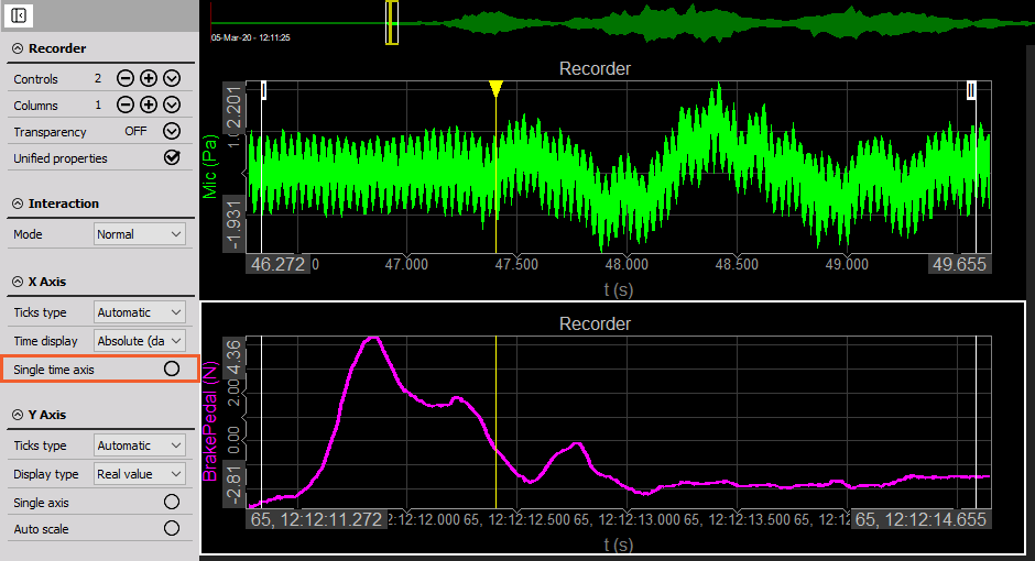 Multiple time axis on DewesoftX recorder visual display widget Multiple time axis on DewesoftX recorder visual display widget