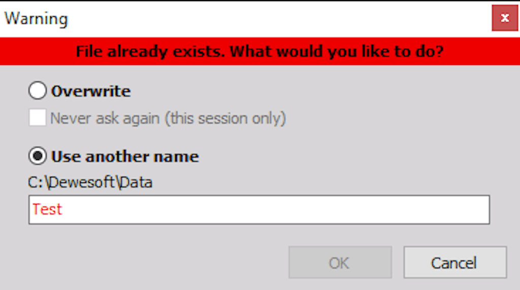 DewesoftX file already exist warning