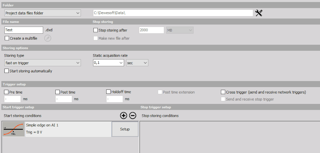 DewesoftX start storing conditions