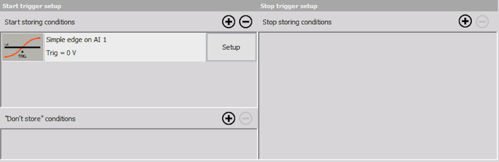 DewesoftX simple edge start storing condition for the first AI channel