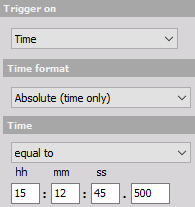 The system triggers exactly at the defined time hh:mm:ss.xxx (also every day if the time matches). DewesoftX time absolute equalto