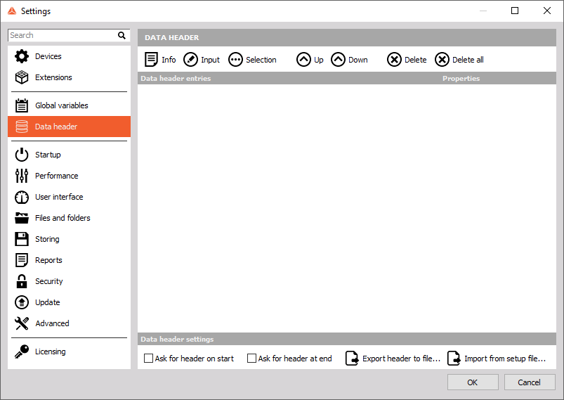 DewesoftX data header settings DewesoftX data header settings