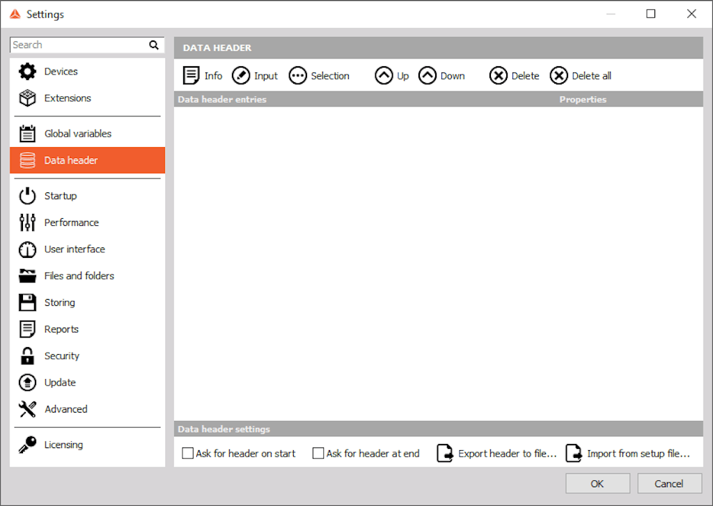 DewesoftX data header settings