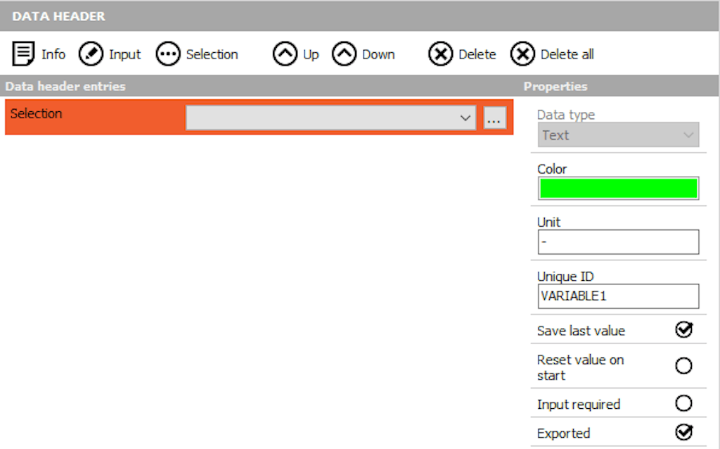 Adding selection input field to DewesoftX header