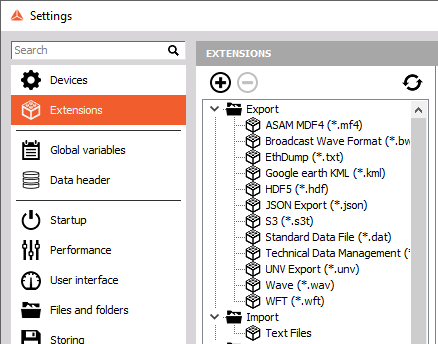 DewesoftX extensions settings DewesoftX extensions settings
