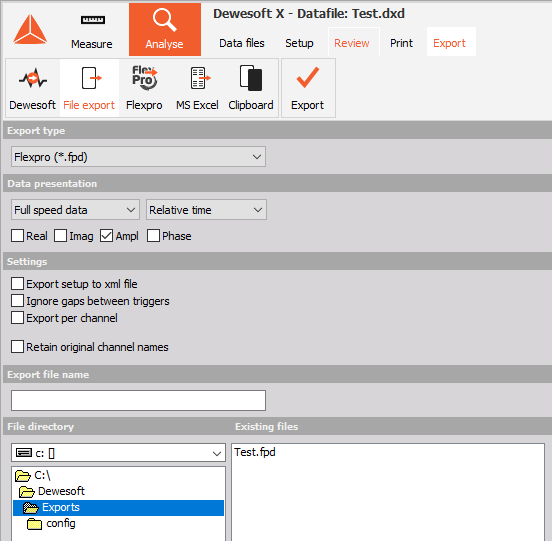 DewesoftX file export tab DewesoftX file export tab