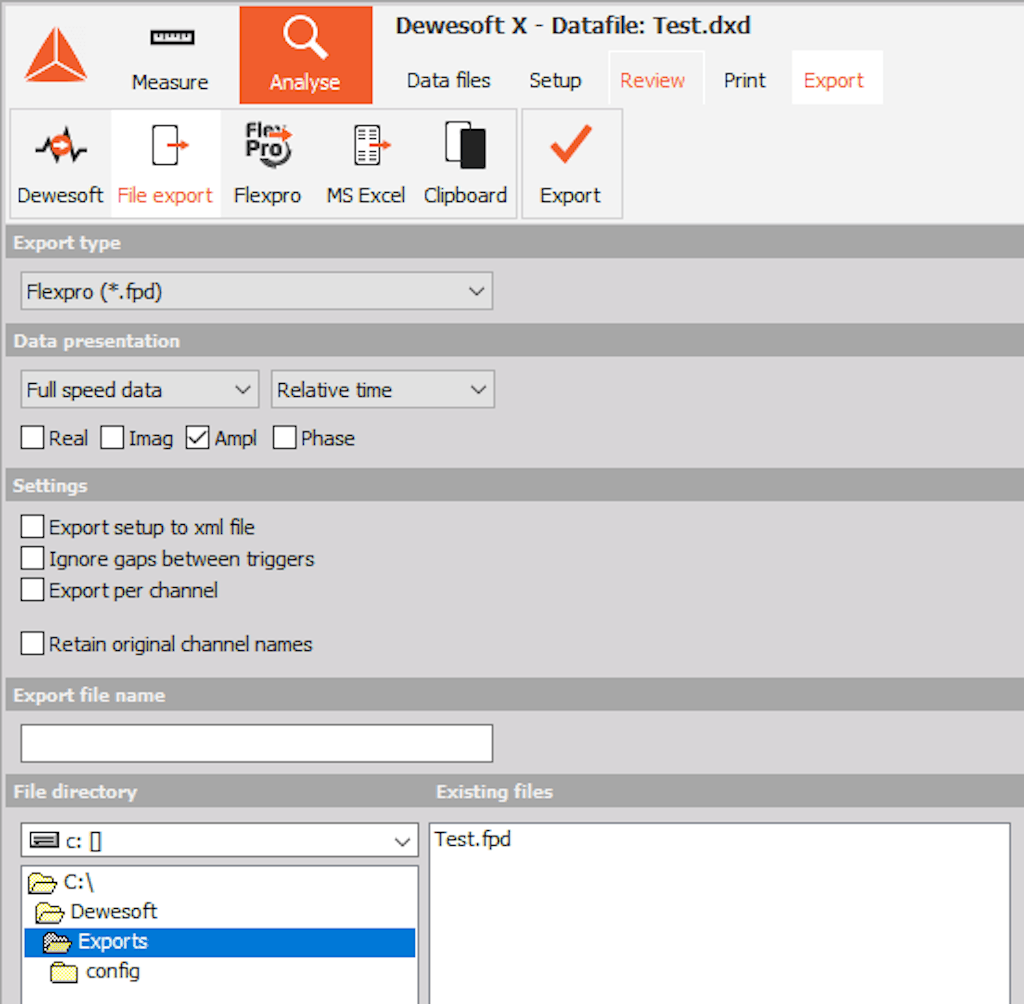 DewesoftX file export tab