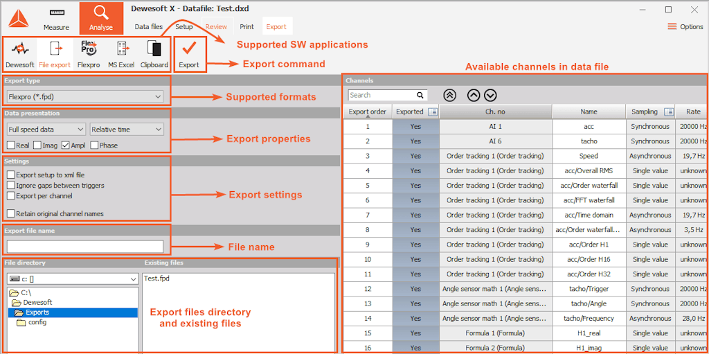 DewesoftX file export window DewesoftX file export window