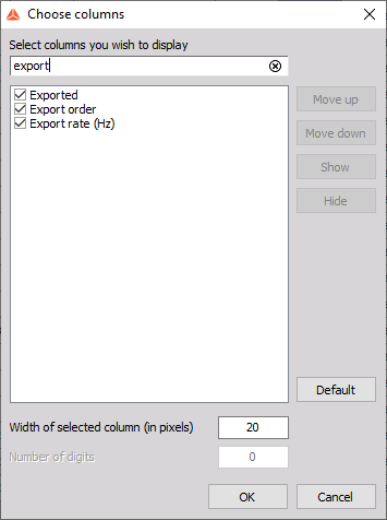 DewesoftX selected columns to display DewesoftX selected columns to display