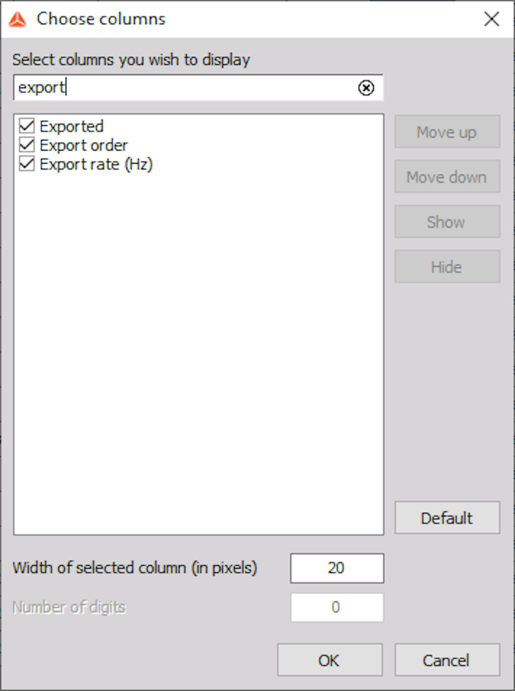 DewesoftX selected columns to display