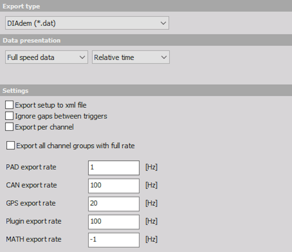 DewesoftX Diadem export options