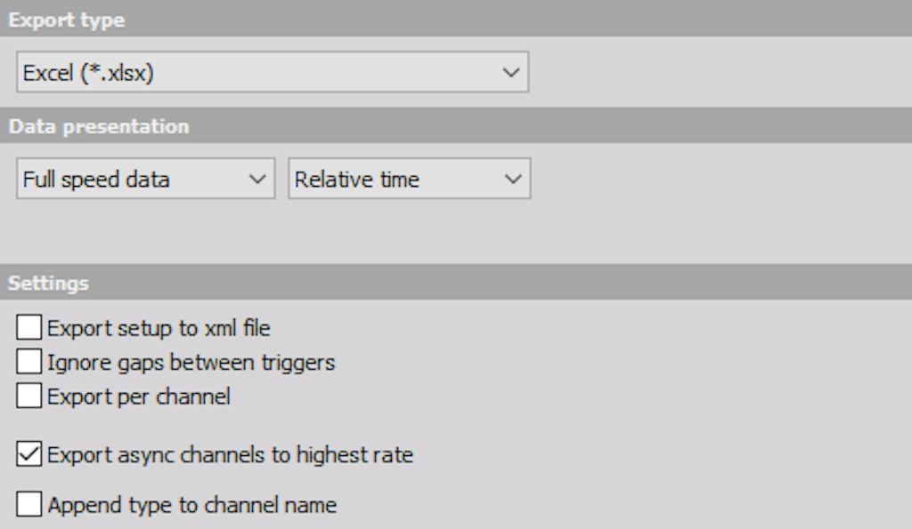 DewesoftX MS Excel export options