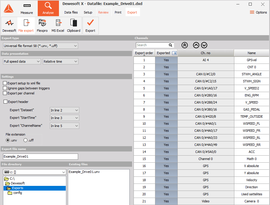 DewesoftX file export tab DewesoftX file export tab