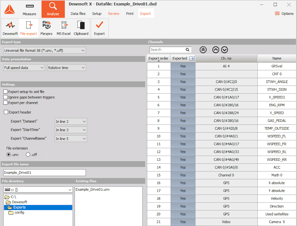 DewesoftX file export tab