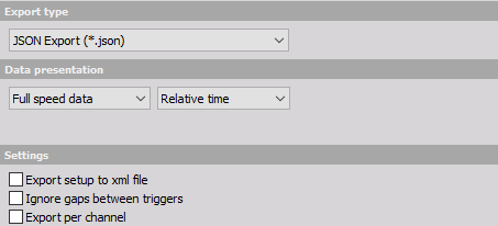 DewesoftX JSON file export options DewesoftX JSON file export options