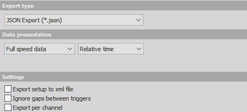 DewesoftX JSON file export options