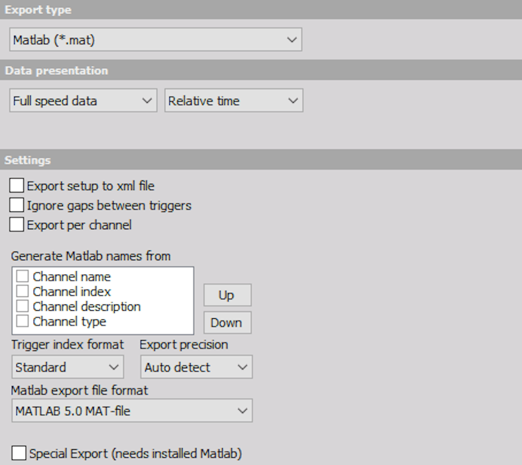 DewesoftX Matlab export options