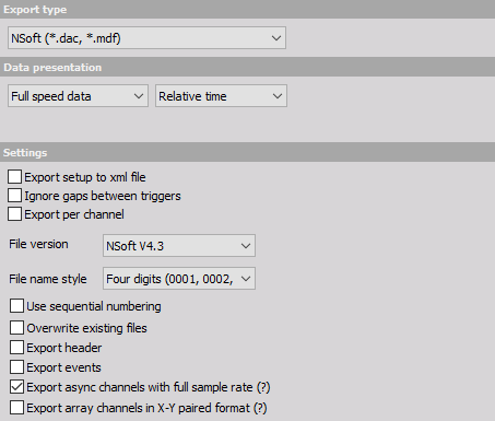 DewesoftX NSoft file export options DewesoftX NSoft file export options