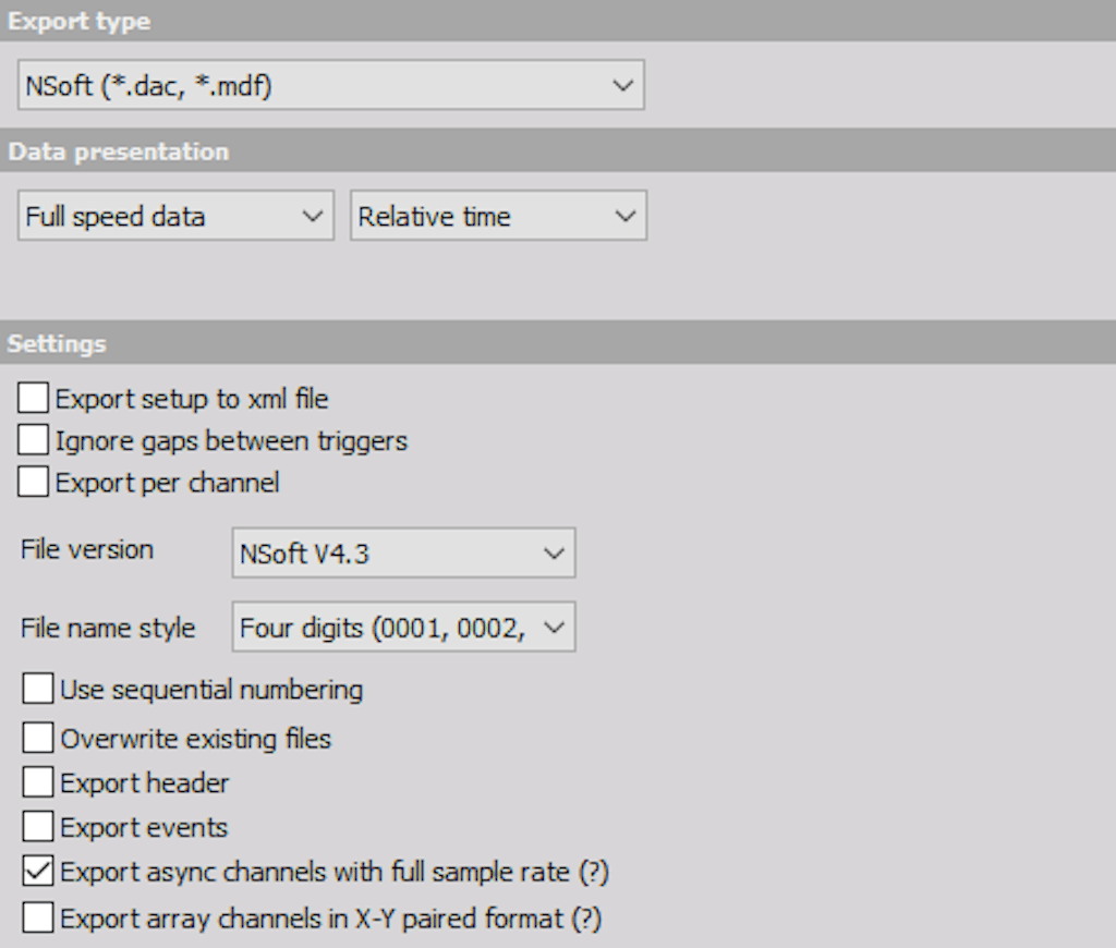 DewesoftX NSoft file export options