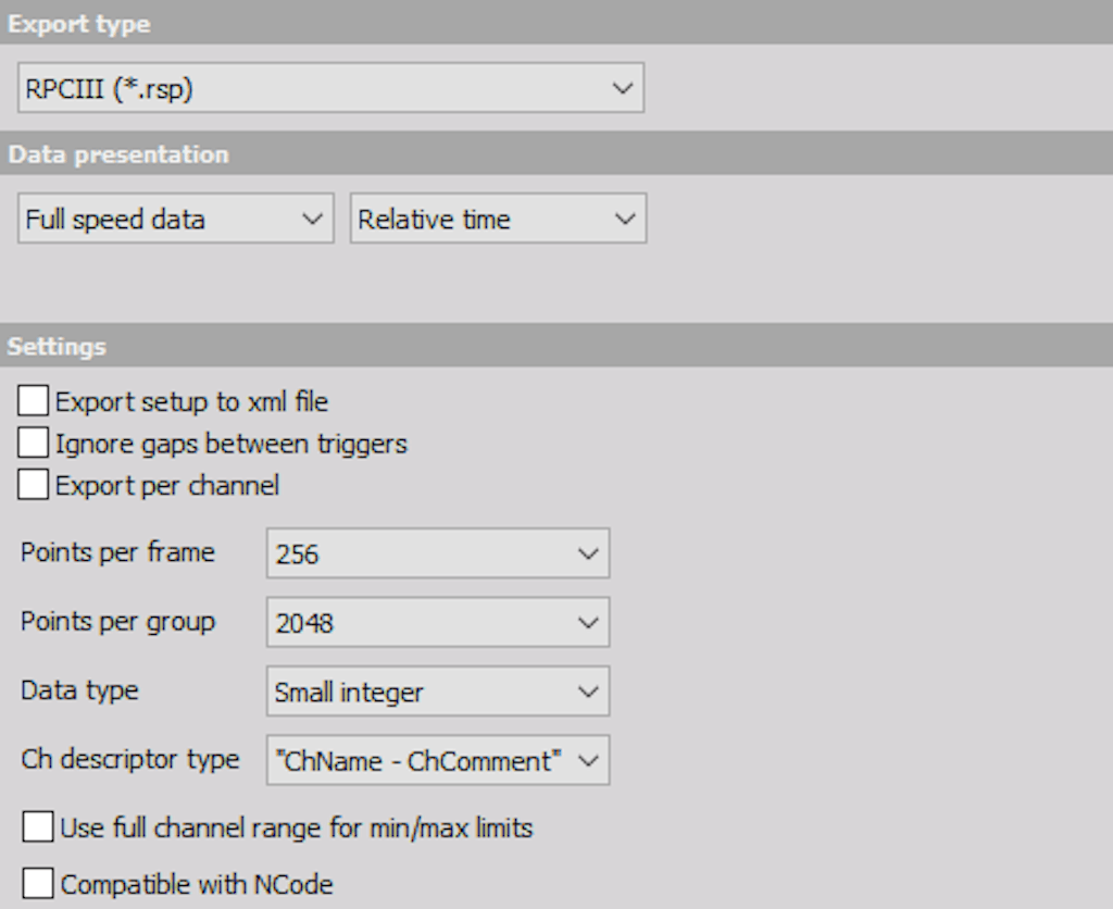 DewesoftX RPC III file export options