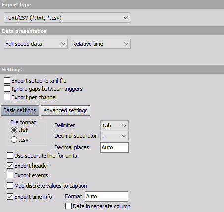 DewesoftX CSV fiel export options DewesoftX CSV fiel export options