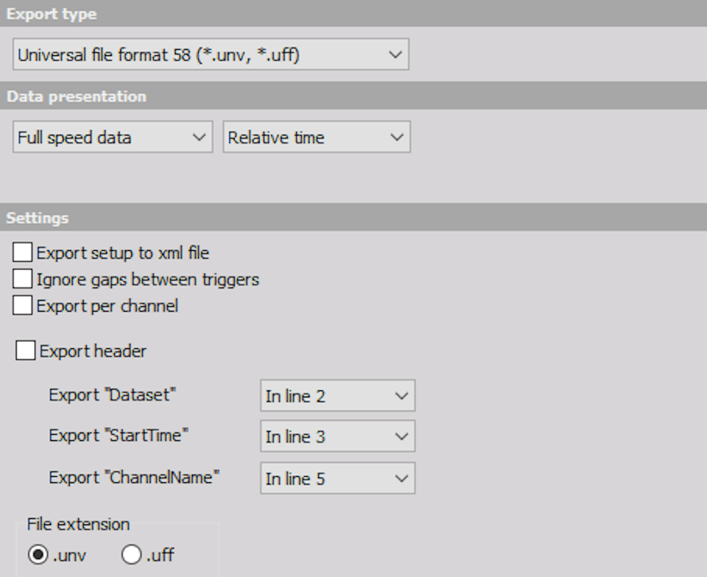 DewesoftX universal file format export options