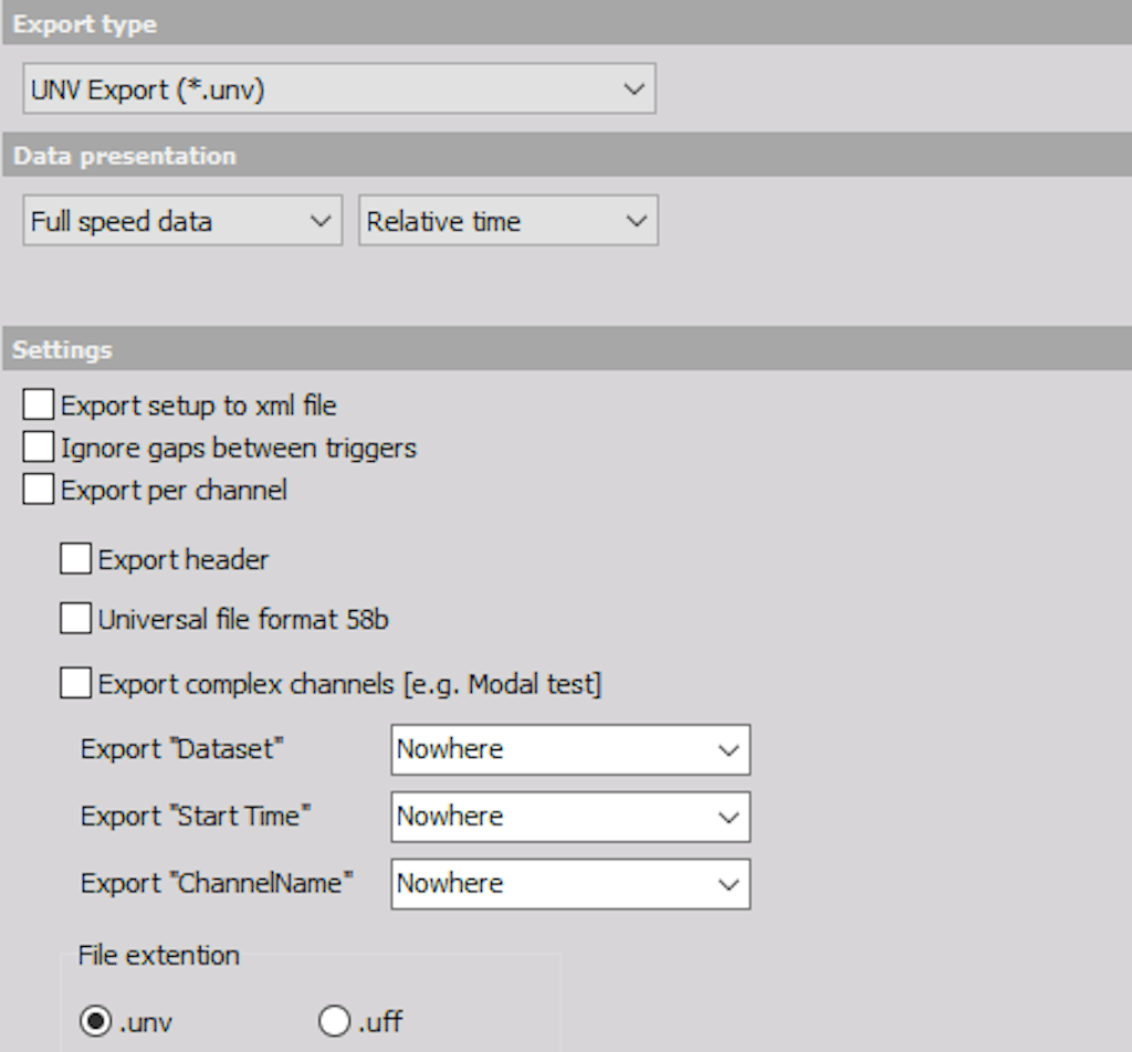 DewesoftX UNV file export options
