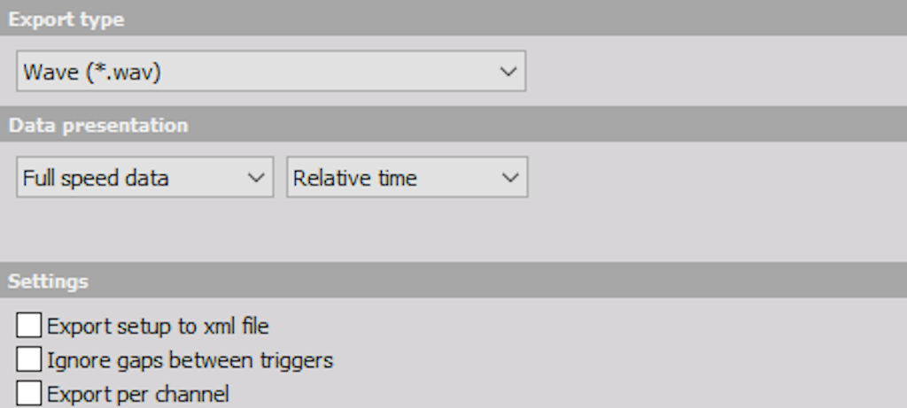 DewesoftX WAV audio file export options