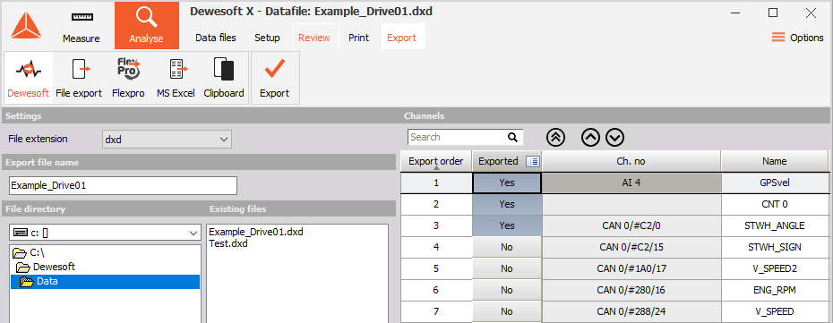 DewesoftX DXD file export options DewesoftX DXD file export options
