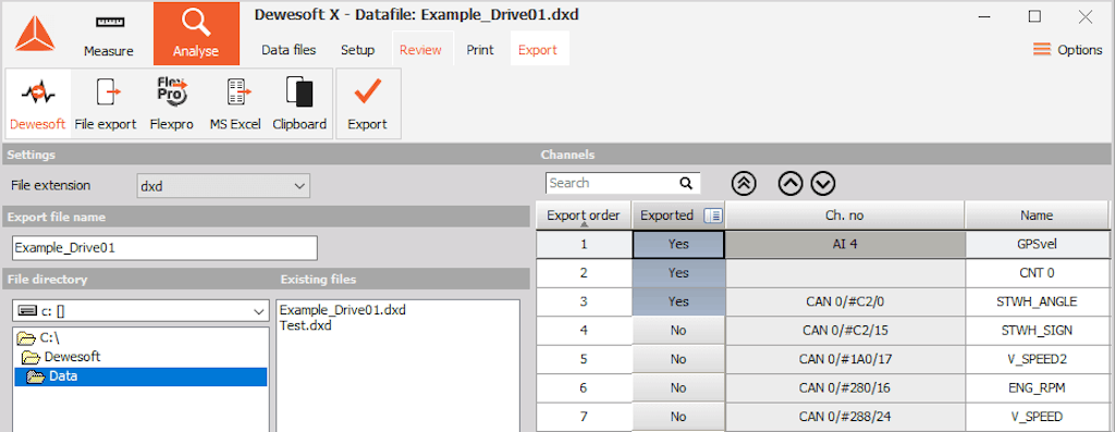 DewesoftX DXD file export options