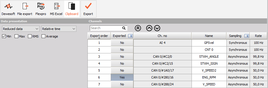 DewesoftX export channel to clipboard DewesoftX export channel to clipboard
