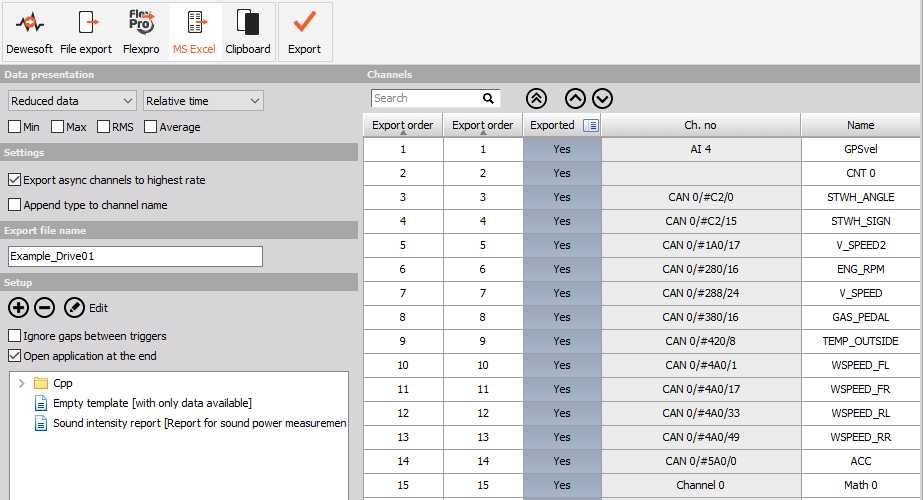 DewesoftX MS excel export DewesoftX MS excel export