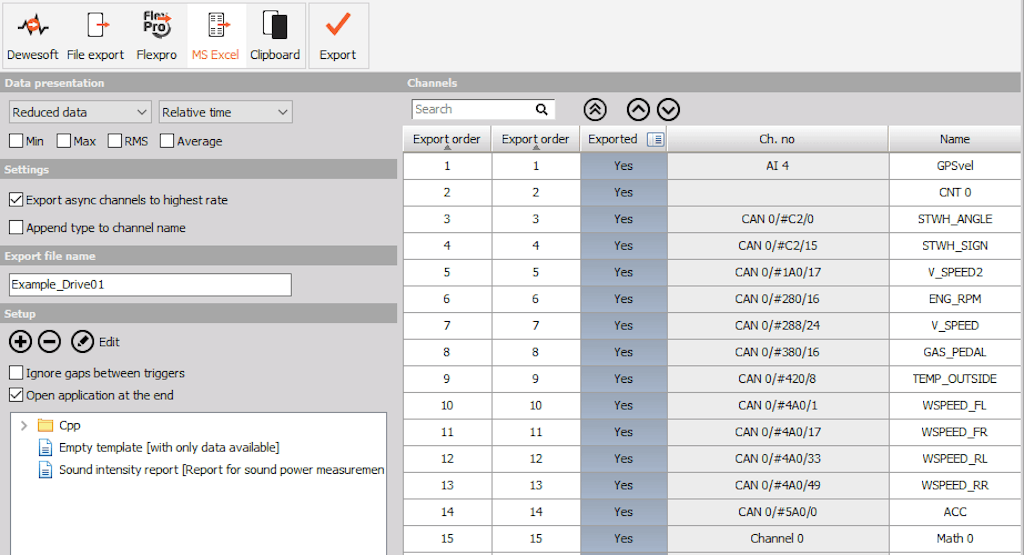 DewesoftX MS excel export