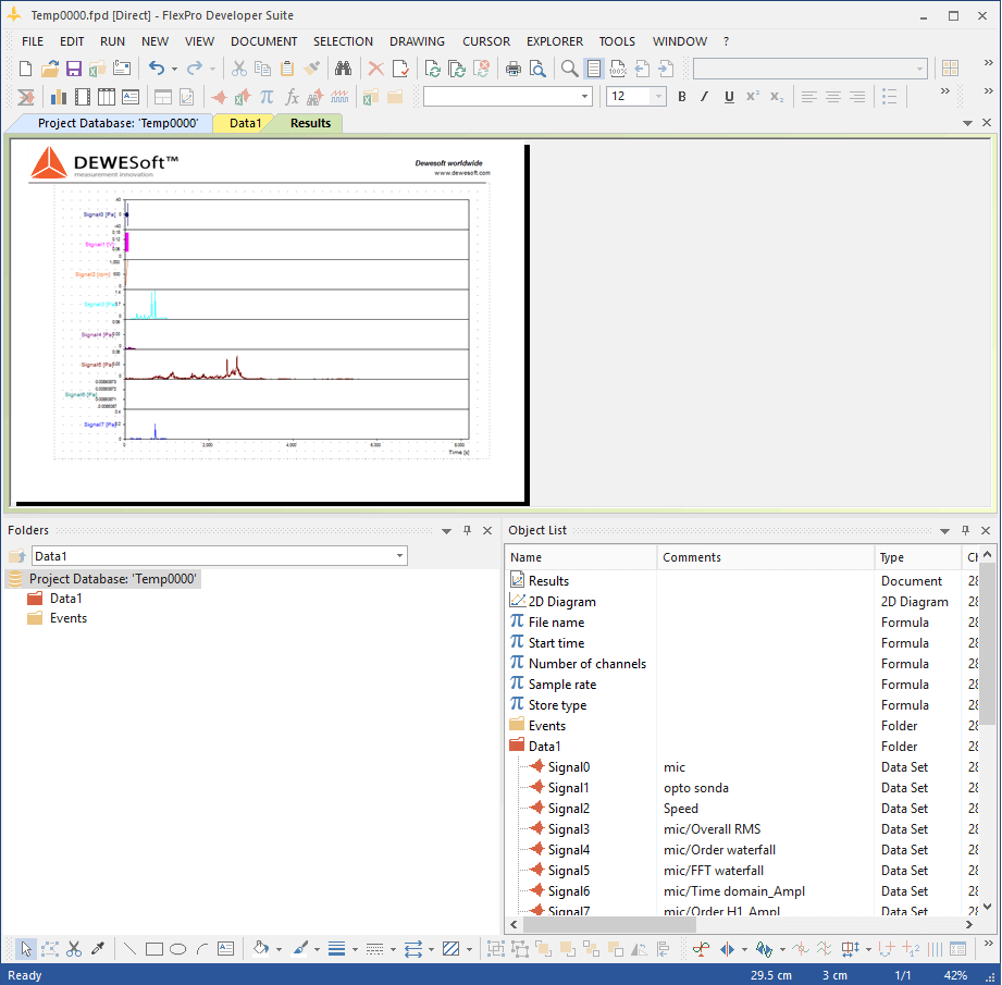 Typical FlexPro screen with imported data from DewesoftX Typical FlexPro screen with imported data from DewesoftX