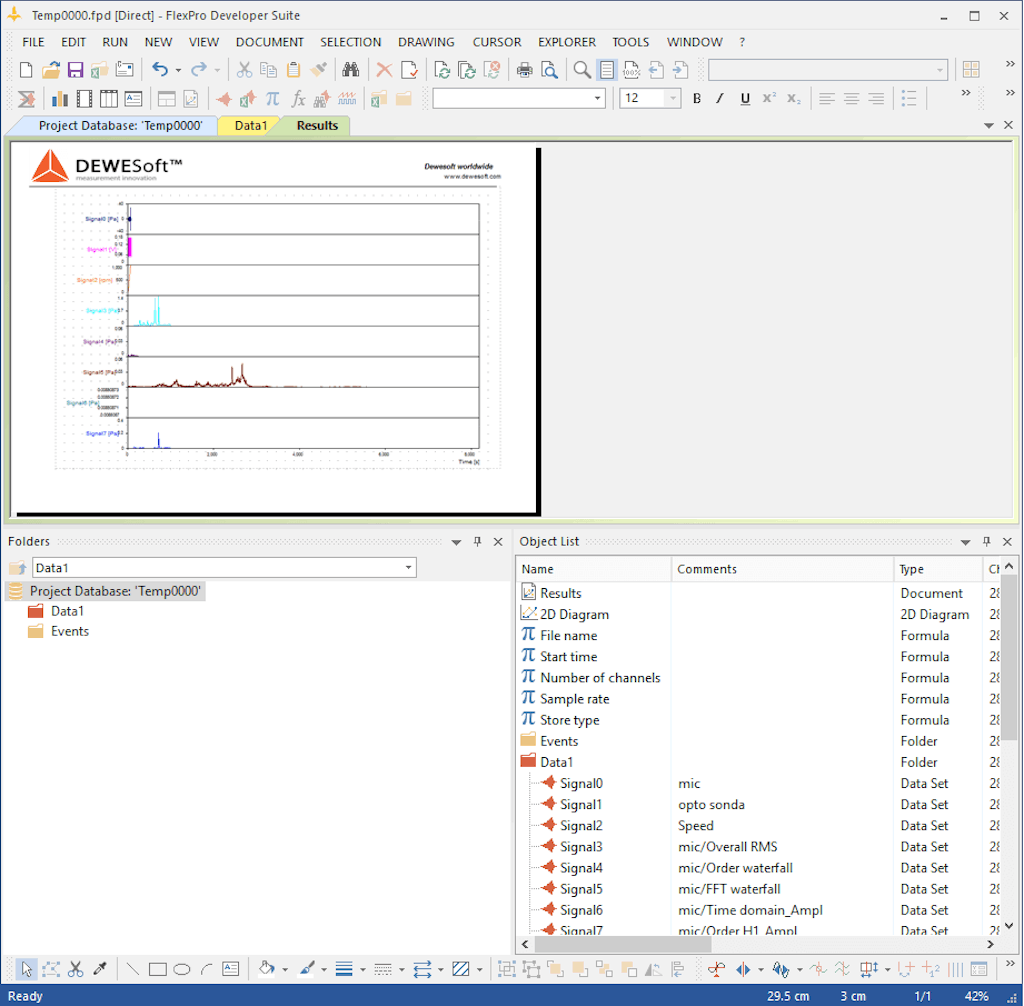 Typical FlexPro screen with imported data from DewesoftX