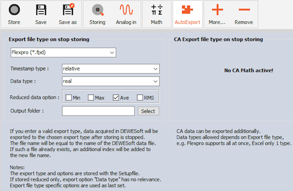 DewesoftX auto export settings